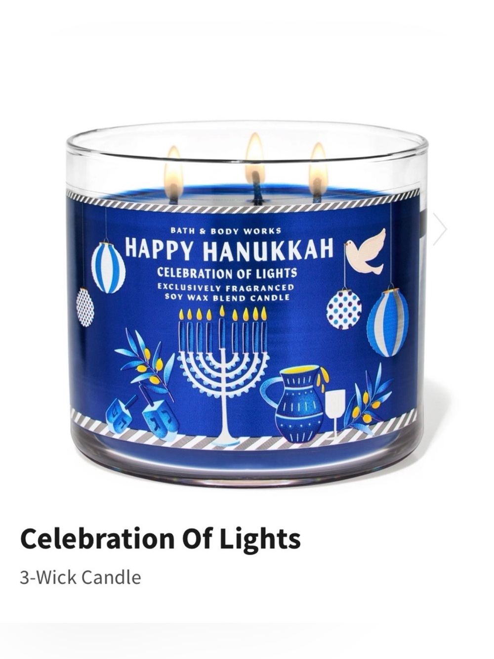 NIB B&BW Happy Hanukkah “Celebration of Lights” 3-Wick Candle w Metal Lid